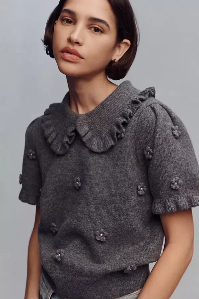 English Factory Pearl Short-sleeve Collared Sweater In Gray