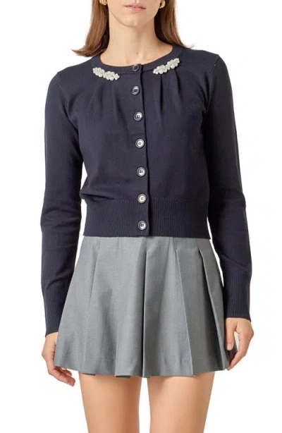English Factory Pearly Bead & Rhinestone Cardigan In Blue