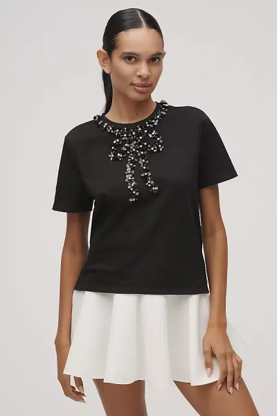 English Factory Petite Rhinestone Bow Short-sleeve Top In Black