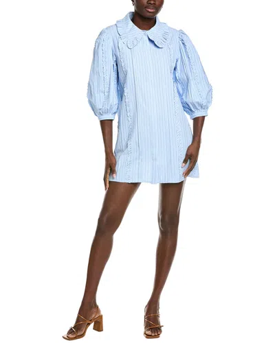 English Factory Pintuck And Ruffle Striped Shirtdress In Blue
