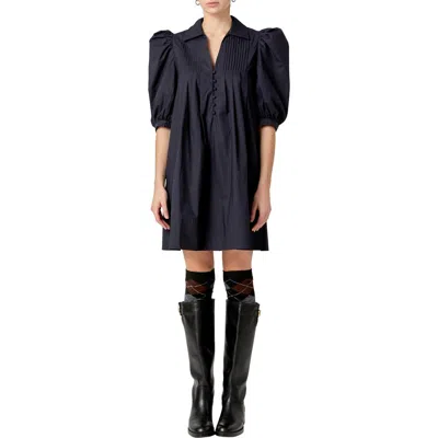 English Factory Pintuck Collar Puff Shoulder Minidress In Navy