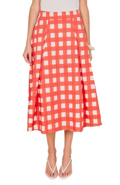 English Factory Plaid Pleated A-line Midi Skirt In Red