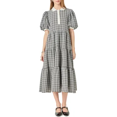 English Factory Plaid Tiered Midi Shirtdress In Black/white