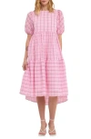 English Factory Plaid Tiered Ruffle Cotton Blend Dress In Pink