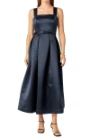 English Factory Pleated Belted Midi Dress In Navy