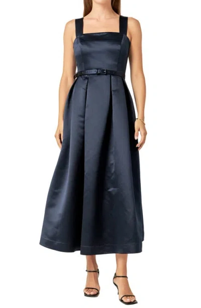 English Factory Pleated Belted Midi Dress In Navy