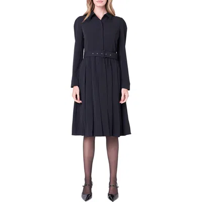 English Factory Pleated Long Sleeve Shirtdress In Black