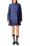 English Factory Pleated Long Sleeve Shirtdress In Blue