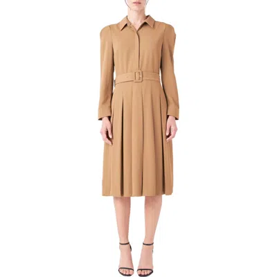 English Factory Pleated Long Sleeve Shirtdress In Camel