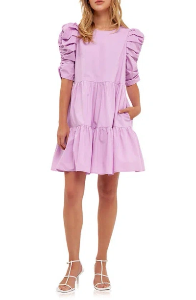 English Factory Pleated Puff Sleeve Tiered Cotton Minidress In Lilac
