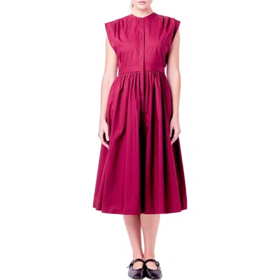 English Factory Pleated Shoulder Midi Dress In Burgundy