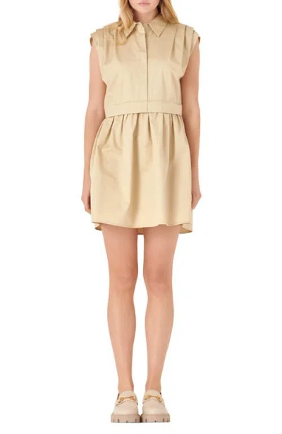 English Factory Pleated Shoulder Shirtdress In Tan