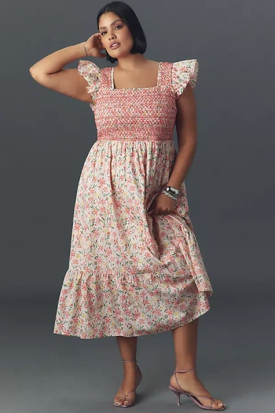 English Factory Plus Flutter-sleeve Square-neck Smocked Midi Dress