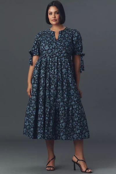 English Factory Plus Puff-sleeve Tiered Floral Midi Dress