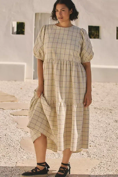 English Factory Plus Puff-sleeve Tiered Midi Dress In Beige