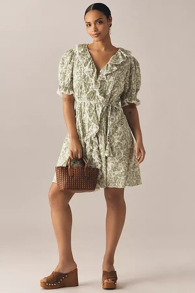 English Factory Plus Puff-sleeve V-neck Ruffled Mini Dress In Multicolor