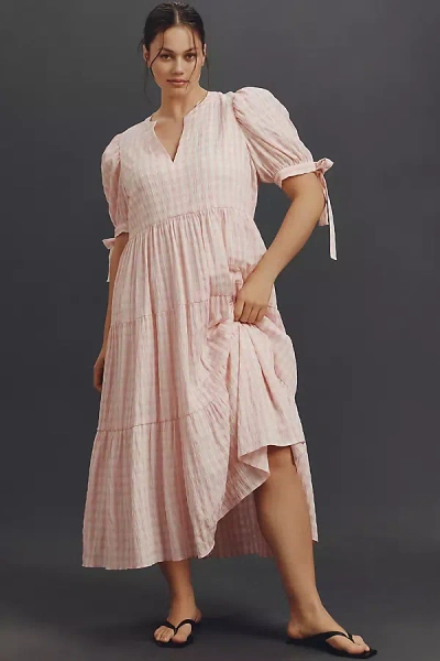 English Factory Plus Puff-sleeve V-neck Tiered Midi Dress In Pink