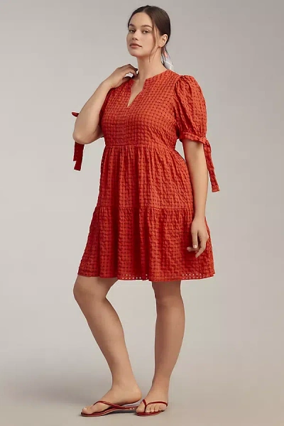 English Factory Plus Puff-sleeve V-neck Tiered Mini Dress