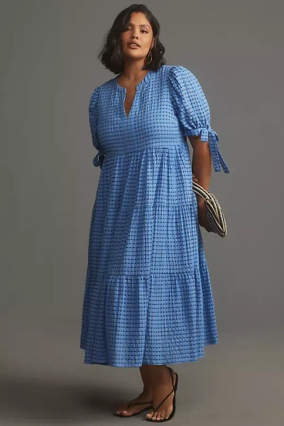 English Factory Plus Short-sleeve Gingham Dress In Blue