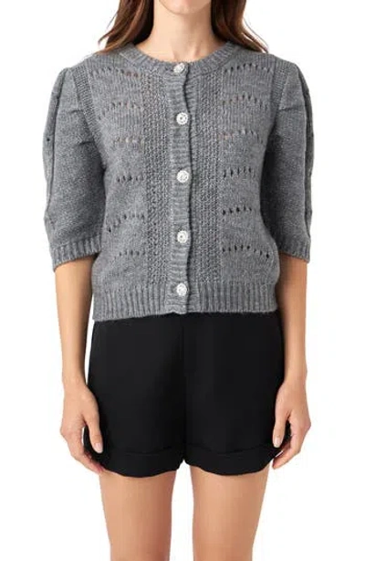 English Factory Pointelle Puff Sleeve Cardigan In Blue
