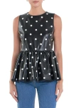 English Factory Polka Dot Peplum Sleeveless Faux Leather Top In Black/ White