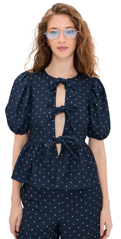English Factory Polka Dot Puff Sleeve Top Navy In Blue