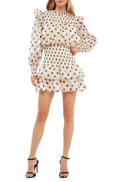 English Factory Polka Dot Tiered Long Sleeve Organza Minidress In Beige/black