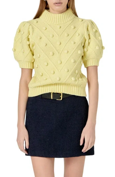 English Factory Pompom Puff Sleeve Sweater In Butter Yellow
