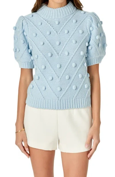 English Factory Pompom Puff Sleeve Sweater In Powder Blue
