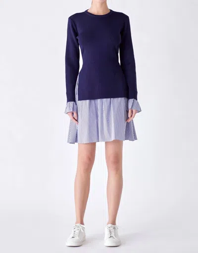 English Factory Poplin Combo Knit Mini Dress In Navy Stripe