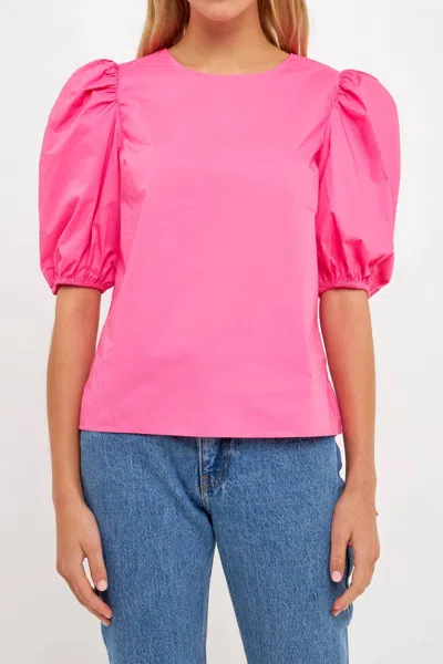 English Factory Poplin Puff Sleeve Top In Fuchsia In Pink