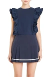 English Factory Poplin Ruffle Trim Knit Top In Navy