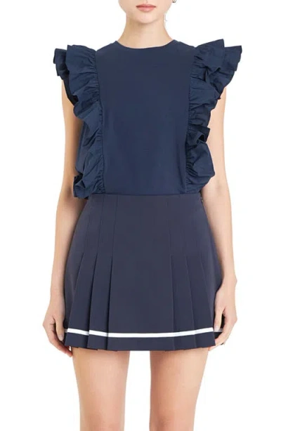 English Factory Poplin Ruffle Trim Knit Top In Navy