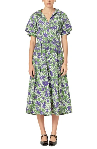 English Factory Print Pleat Midi Dress In Olive Multi