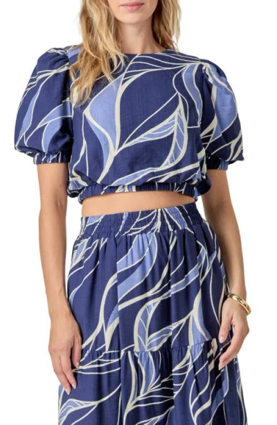 English Factory Print Puff Sleeve Crop Top In Blue