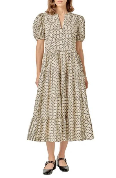 English Factory Print Puff Sleeve Midi Dress In Multi