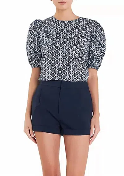English Factory Print Puff Sleeve Top In Navy Multi