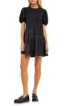 English Factory Puff Shoulder Mixed Media Minidress In Black