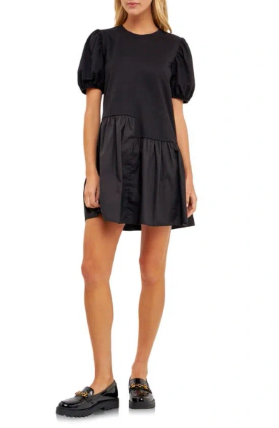 English Factory Puff Shoulder Mixed Media Minidress In Black