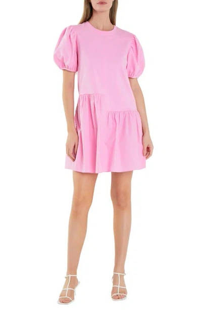 English Factory Women's Puff-shoulder Mixed Media Minidress In Bubblegum Pink