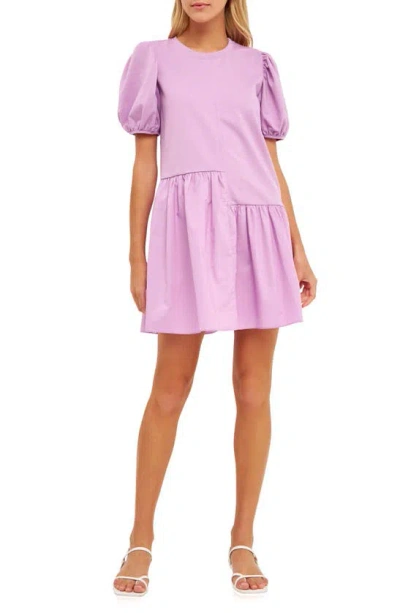 English Factory Puff Shoulder Mixed Media Minidress In Lilac