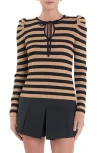 English Factory Puff Shoulder Stripe Rib Knit Top In Tan/black