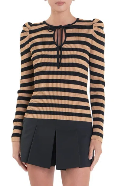 English Factory Puff Shoulder Stripe Rib Knit Top In Tan/black