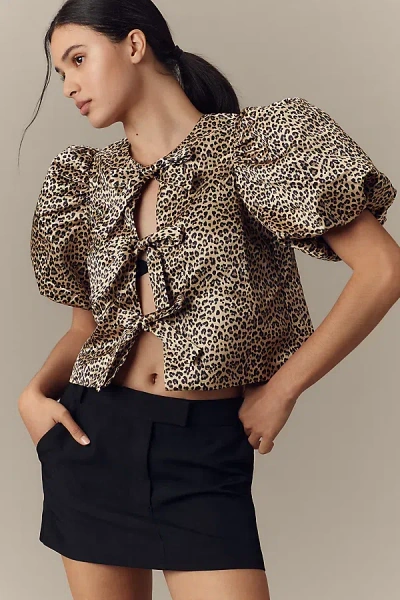 English Factory Puff-sleeve Bow Blouse In Brown