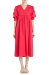 English Factory Puff Sleeve Bow Tie Midi Dress In Red