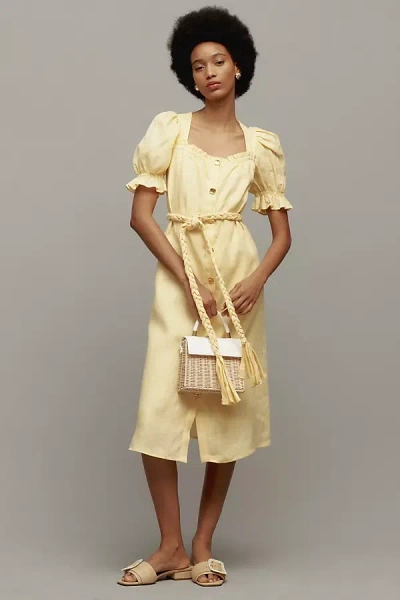 English Factory Puff-sleeve Button-front Midi Dress In Yellow