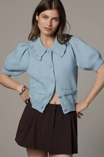 English Factory Puff-sleeve Collared Cardigan Sweater In Blue
