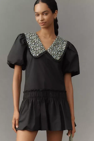 English Factory Puff-sleeve Collared Drop-waist Mini Dress In Black