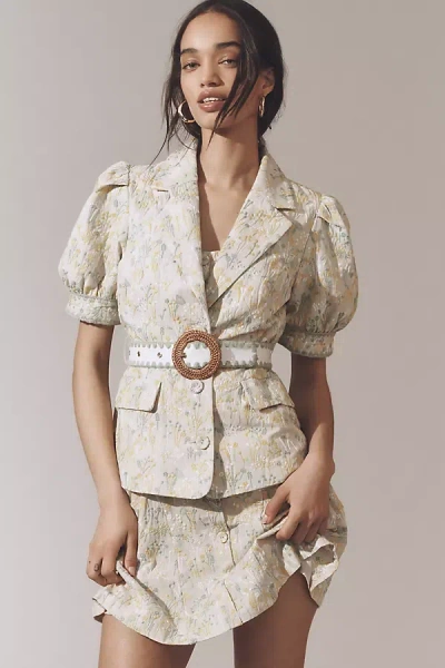 English Factory Puff-sleeve Embroidered Belted Jacket In Beige