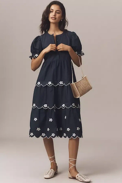 English Factory Puff-sleeve Embroidered Midi Dress In Blue